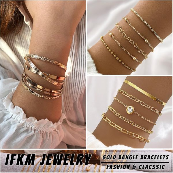IFKM 6 PACK (24 PCS) Boho Gold Chain Bracelets Set for Women, 14K Gold Plated Multiple Layered Stackable Open Cuff Wrap Bangle Adjustable Link Italian Cuban Jewelry for Women Gift - Image 2