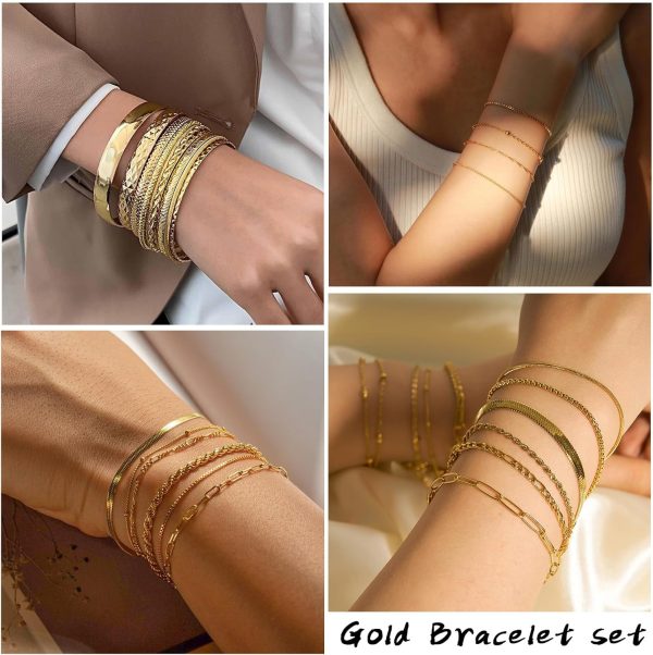 IFKM 6 PACK (24 PCS) Boho Gold Chain Bracelets Set for Women, 14K Gold Plated Multiple Layered Stackable Open Cuff Wrap Bangle Adjustable Link Italian Cuban Jewelry for Women Gift - Image 3