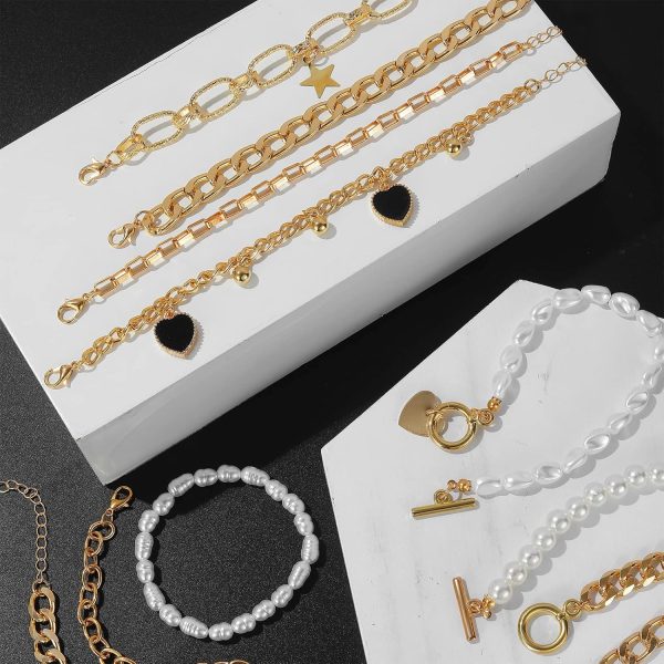 IFKM 6 PACK (24 PCS) Boho Gold Chain Bracelets Set for Women, 14K Gold Plated Multiple Layered Stackable Open Cuff Wrap Bangle Adjustable Link Italian Cuban Jewelry for Women Gift - Image 9