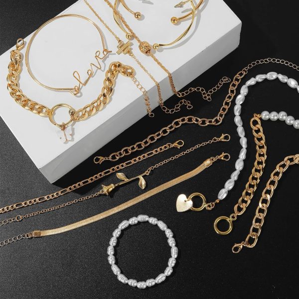 IFKM 6 PACK (24 PCS) Boho Gold Chain Bracelets Set for Women, 14K Gold Plated Multiple Layered Stackable Open Cuff Wrap Bangle Adjustable Link Italian Cuban Jewelry for Women Gift - Image 15