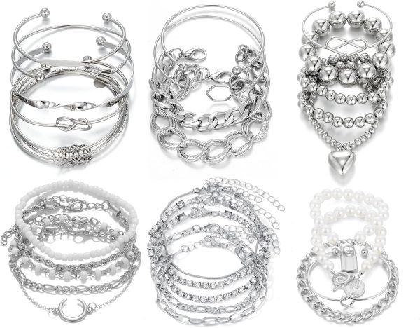 IFKM 6 PACK (24 PCS) Boho Gold Chain Bracelets Set for Women, 14K Gold Plated Multiple Layered Stackable Open Cuff Wrap Bangle Adjustable Link Italian Cuban Jewelry for Women Gift - Image 16