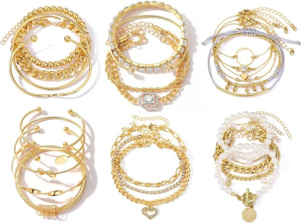IFKM 6 PACK (24 PCS) Boho Gold Chain Bracelets Set for Women, 14K Gold Plated Multiple Layered Stackable Open Cuff Wrap Bangle Adjustable Link Italian Cuban Jewelry for Women Gift - Image 24
