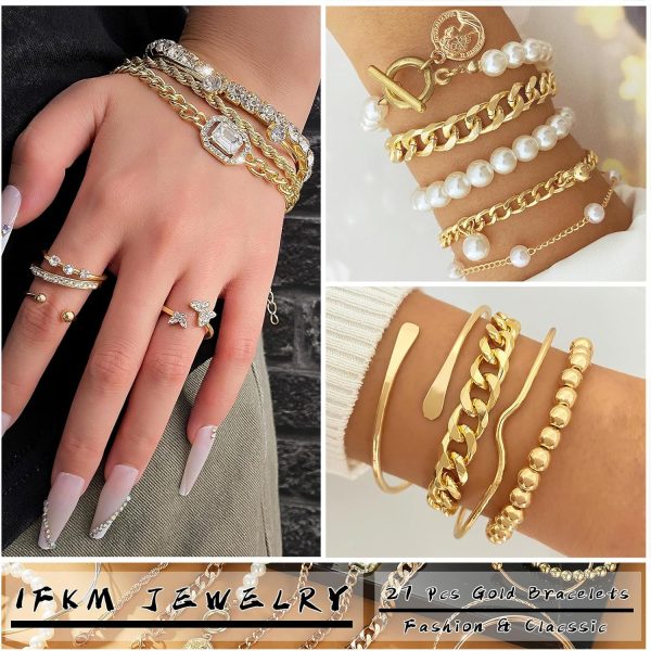 IFKM 6 PACK (24 PCS) Boho Gold Chain Bracelets Set for Women, 14K Gold Plated Multiple Layered Stackable Open Cuff Wrap Bangle Adjustable Link Italian Cuban Jewelry for Women Gift - Image 25