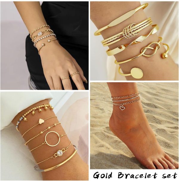 IFKM 6 PACK (24 PCS) Boho Gold Chain Bracelets Set for Women, 14K Gold Plated Multiple Layered Stackable Open Cuff Wrap Bangle Adjustable Link Italian Cuban Jewelry for Women Gift - Image 26