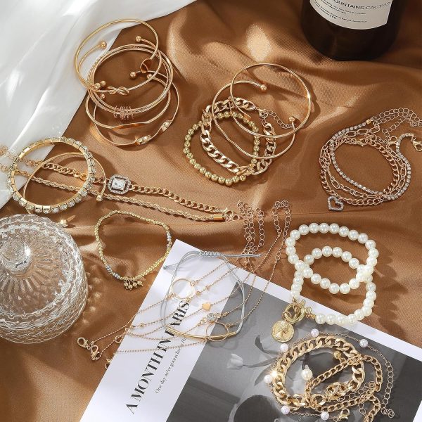 IFKM 6 PACK (24 PCS) Boho Gold Chain Bracelets Set for Women, 14K Gold Plated Multiple Layered Stackable Open Cuff Wrap Bangle Adjustable Link Italian Cuban Jewelry for Women Gift - Image 27