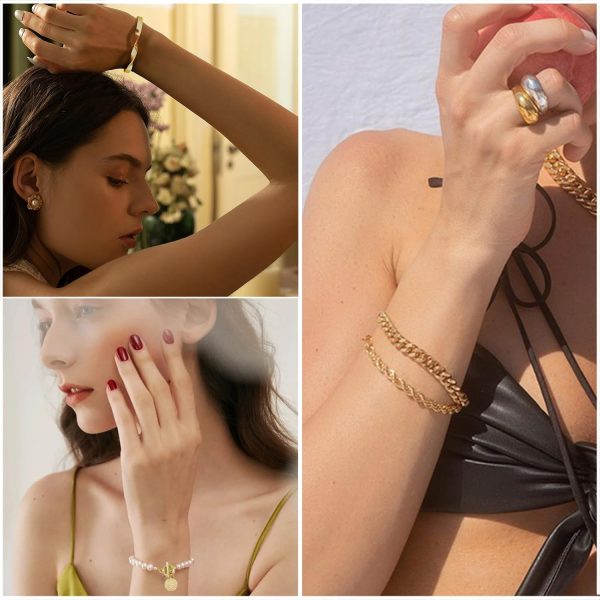 IFKM 6 PACK (24 PCS) Boho Gold Chain Bracelets Set for Women, 14K Gold Plated Multiple Layered Stackable Open Cuff Wrap Bangle Adjustable Link Italian Cuban Jewelry for Women Gift - Image 29
