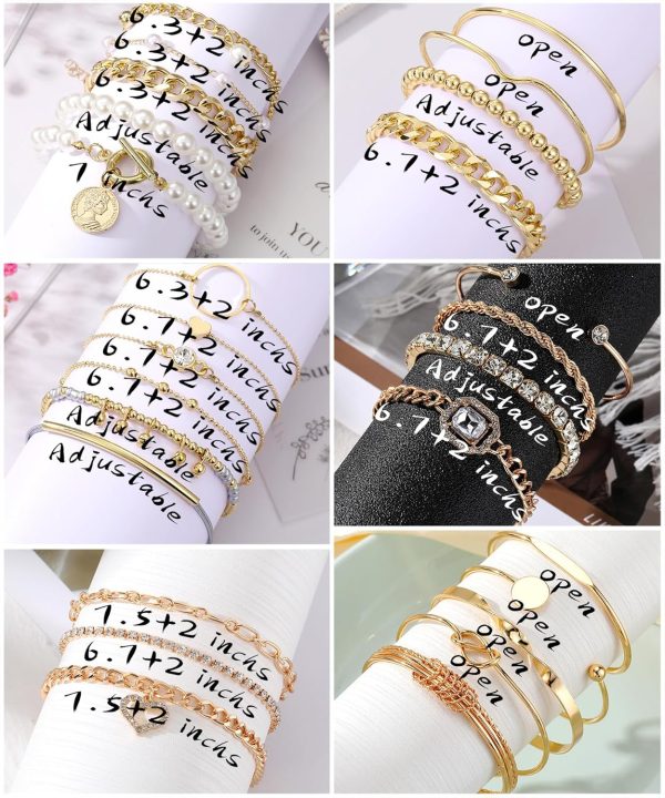 IFKM 6 PACK (24 PCS) Boho Gold Chain Bracelets Set for Women, 14K Gold Plated Multiple Layered Stackable Open Cuff Wrap Bangle Adjustable Link Italian Cuban Jewelry for Women Gift - Image 30