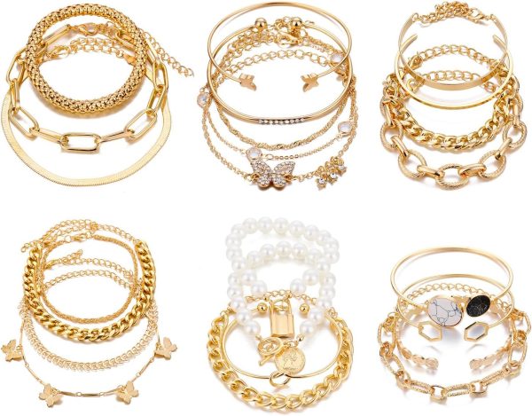 IFKM 6 PACK (24 PCS) Boho Gold Chain Bracelets Set for Women, 14K Gold Plated Multiple Layered Stackable Open Cuff Wrap Bangle Adjustable Link Italian Cuban Jewelry for Women Gift - Image 31