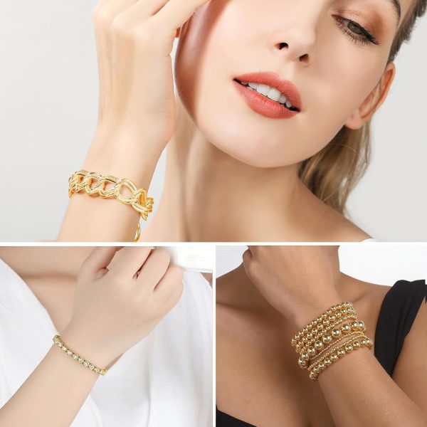 IFKM 6 PACK (24 PCS) Boho Gold Chain Bracelets Set for Women, 14K Gold Plated Multiple Layered Stackable Open Cuff Wrap Bangle Adjustable Link Italian Cuban Jewelry for Women Gift - Image 40