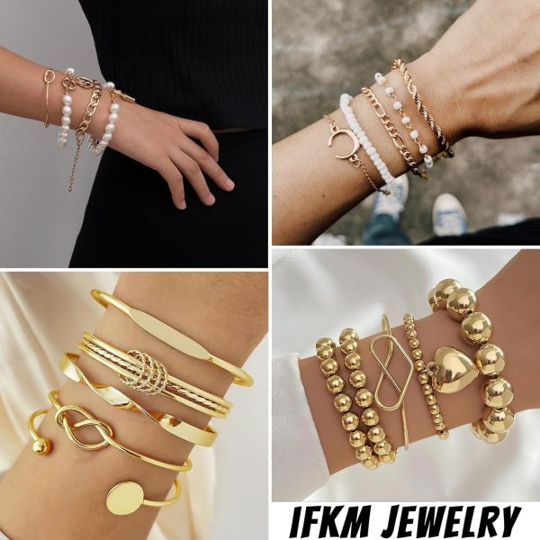 IFKM 6 PACK (24 PCS) Boho Gold Chain Bracelets Set for Women, 14K Gold Plated Multiple Layered Stackable Open Cuff Wrap Bangle Adjustable Link Italian Cuban Jewelry for Women Gift - Image 41