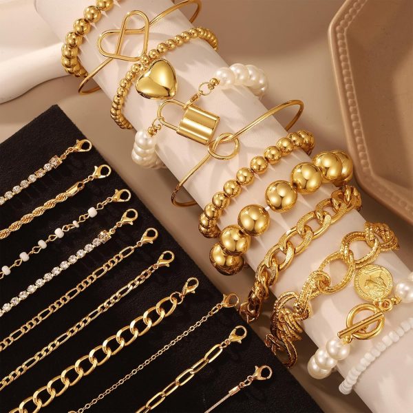 IFKM 6 PACK (24 PCS) Boho Gold Chain Bracelets Set for Women, 14K Gold Plated Multiple Layered Stackable Open Cuff Wrap Bangle Adjustable Link Italian Cuban Jewelry for Women Gift - Image 42