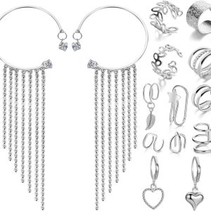 IFKM 14 Pcs/Set Earrings Cuff For Women, Gold/Silver Rhinestone Earrings Wrap Ear Cuff No Piercing Ear Clip Heart Hoop Earrings Simple Women Jewelry (Silver)