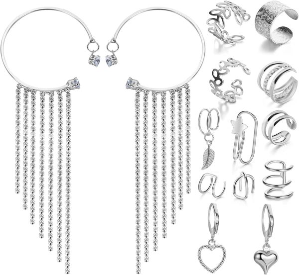 IFKM 14 Pcs/Set Earrings Cuff For Women, Gold/Silver Rhinestone Earrings Wrap Ear Cuff No Piercing Ear Clip Heart Hoop Earrings Simple Women Jewelry (Silver)