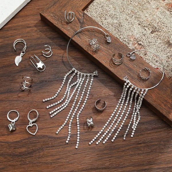 IFKM 14 Pcs/Set Earrings Cuff For Women, Gold/Silver Rhinestone Earrings Wrap Ear Cuff No Piercing Ear Clip Heart Hoop Earrings Simple Women Jewelry (Silver) - Image 2