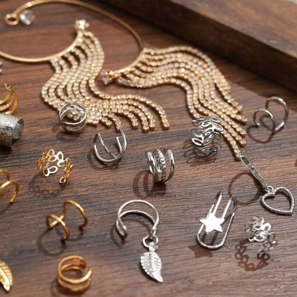 IFKM 14 Pcs/Set Earrings Cuff For Women, Gold/Silver Rhinestone Earrings Wrap Ear Cuff No Piercing Ear Clip Heart Hoop Earrings Simple Women Jewelry (Silver) - Image 3