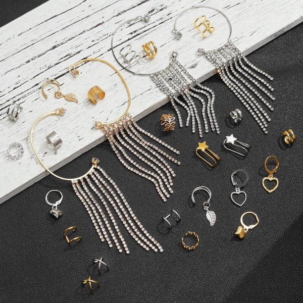 IFKM 14 Pcs/Set Earrings Cuff For Women, Gold/Silver Rhinestone Earrings Wrap Ear Cuff No Piercing Ear Clip Heart Hoop Earrings Simple Women Jewelry (Silver) - Image 7